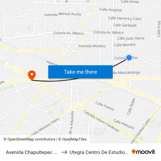 Avenida Chapultepec X De La Paz to Utegra Centro De Estudios Superiores map
