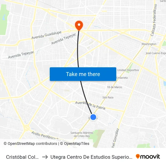 Cristóbal Colón to Utegra Centro De Estudios Superiores map