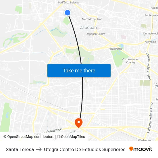 Santa Teresa to Utegra Centro De Estudios Superiores map