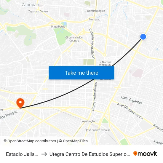 Estadio Jalisco to Utegra Centro De Estudios Superiores map