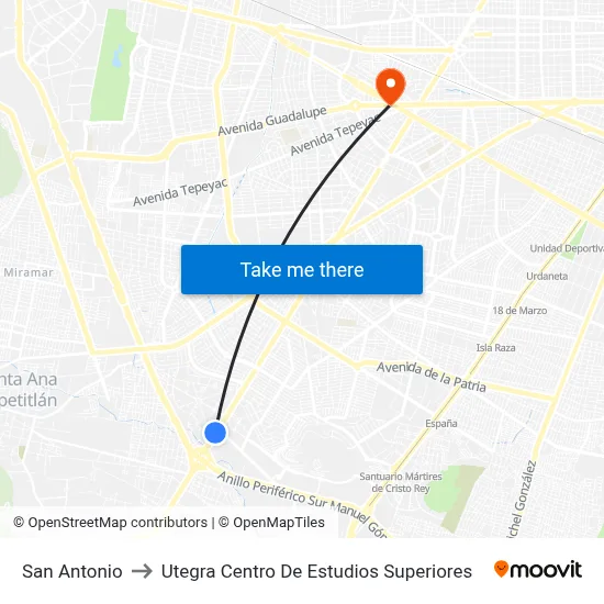 San Antonio to Utegra Centro De Estudios Superiores map