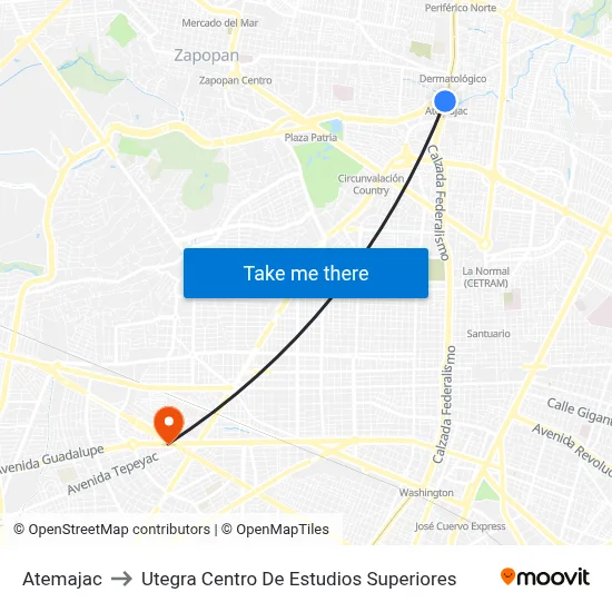 Atemajac to Utegra Centro De Estudios Superiores map