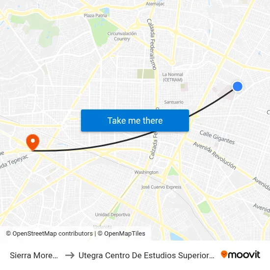 Sierra Morena to Utegra Centro De Estudios Superiores map