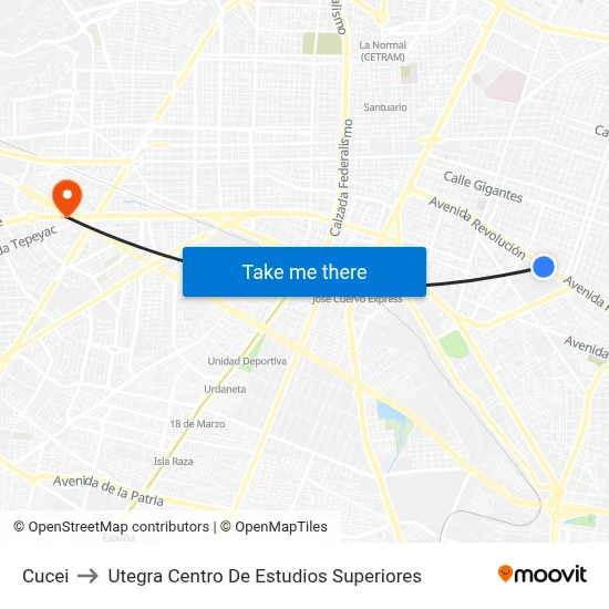 Cucei to Utegra Centro De Estudios Superiores map