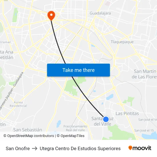 San Onofre to Utegra Centro De Estudios Superiores map