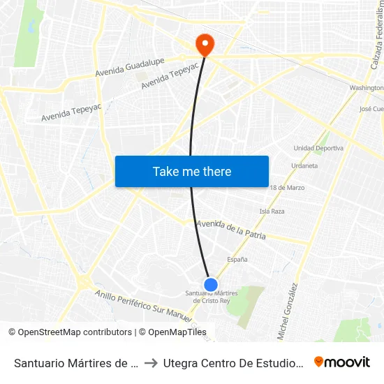 Santuario Mártires de Cristo Rey to Utegra Centro De Estudios Superiores map
