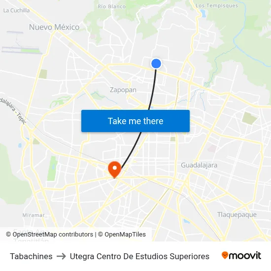 Tabachines to Utegra Centro De Estudios Superiores map