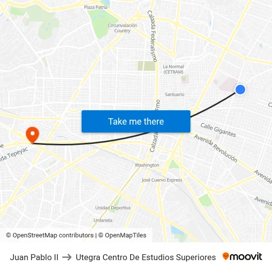 Juan Pablo II to Utegra Centro De Estudios Superiores map