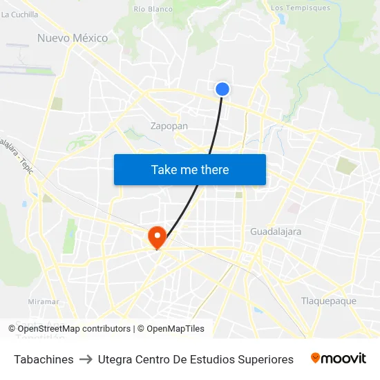 Tabachines to Utegra Centro De Estudios Superiores map