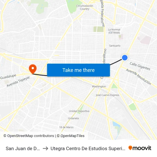 San Juan de Dios to Utegra Centro De Estudios Superiores map