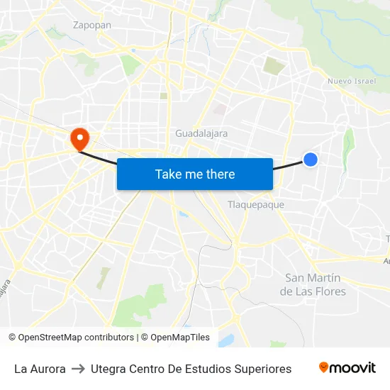 La Aurora to Utegra Centro De Estudios Superiores map