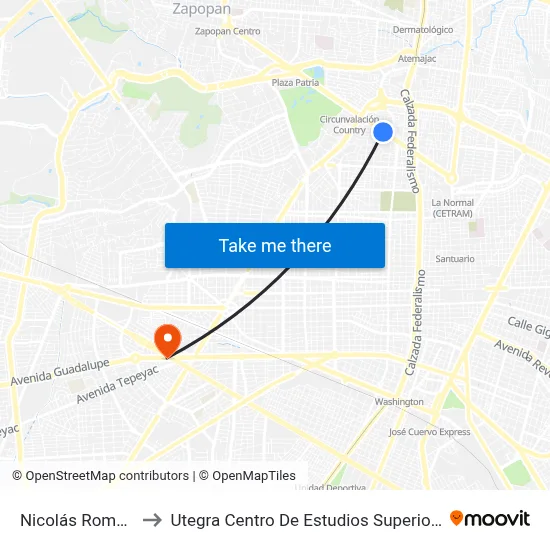 Nicolás Romero to Utegra Centro De Estudios Superiores map