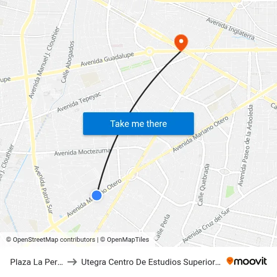 Plaza La Perla to Utegra Centro De Estudios Superiores map