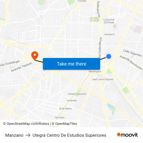 Manzano to Utegra Centro De Estudios Superiores map