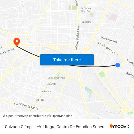 Calzada Olímpica to Utegra Centro De Estudios Superiores map