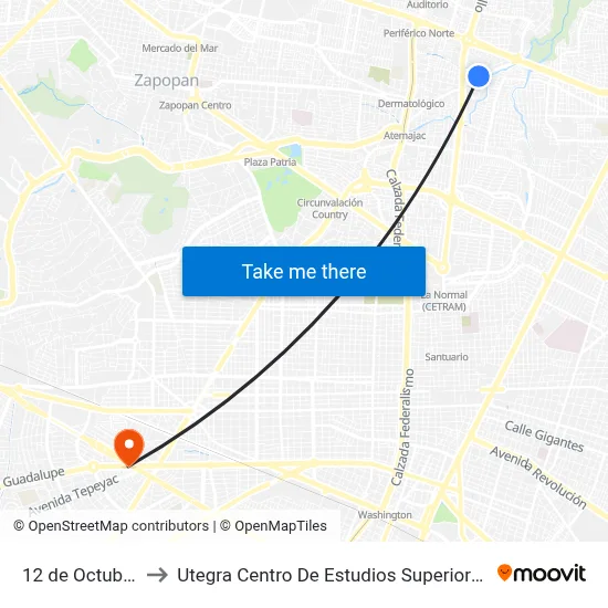 12 de Octubre to Utegra Centro De Estudios Superiores map