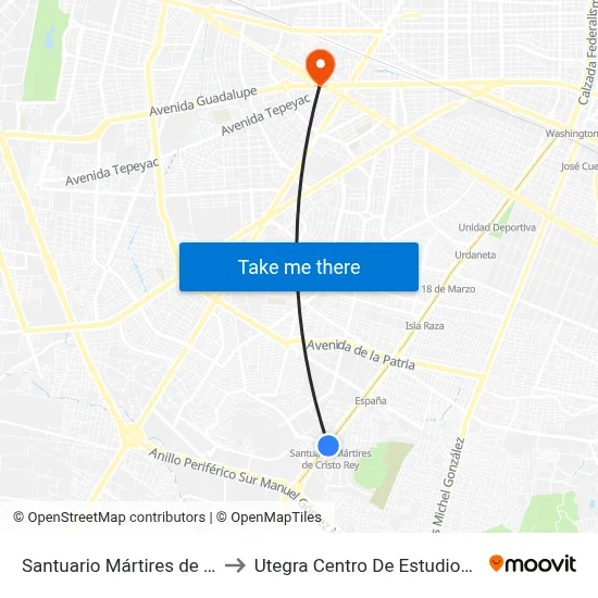 Santuario Mártires de Cristo Rey to Utegra Centro De Estudios Superiores map