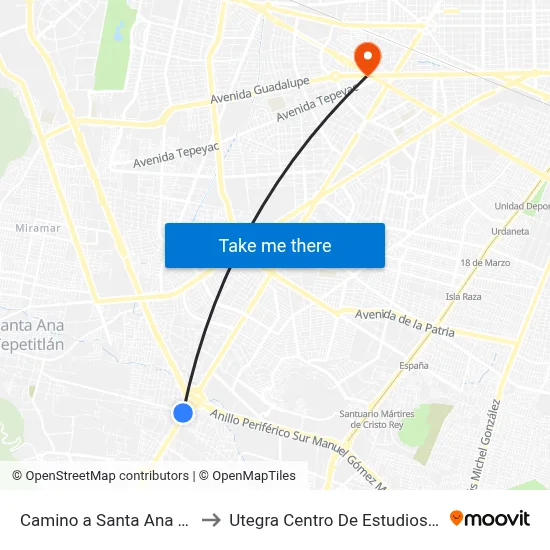 Camino a Santa Ana Tepetitlán to Utegra Centro De Estudios Superiores map