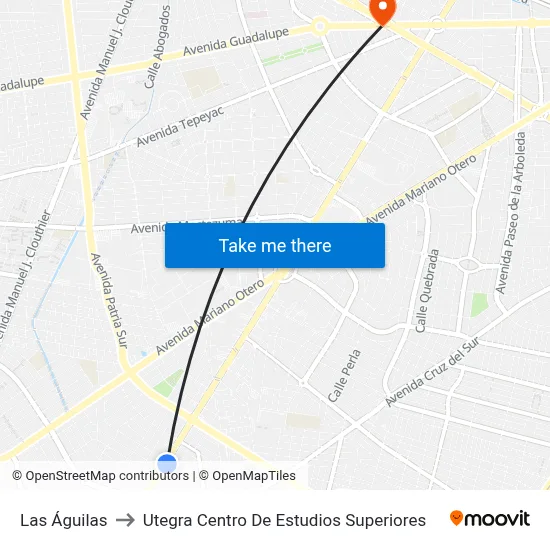Las Águilas to Utegra Centro De Estudios Superiores map
