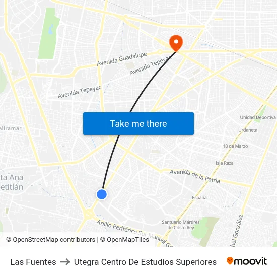 Las Fuentes to Utegra Centro De Estudios Superiores map