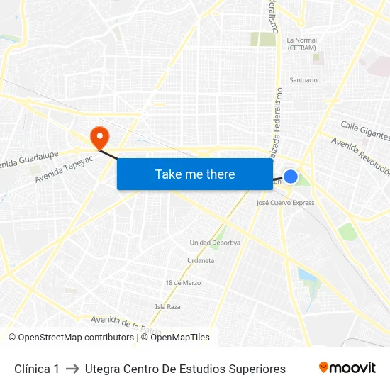 Clínica 1 to Utegra Centro De Estudios Superiores map