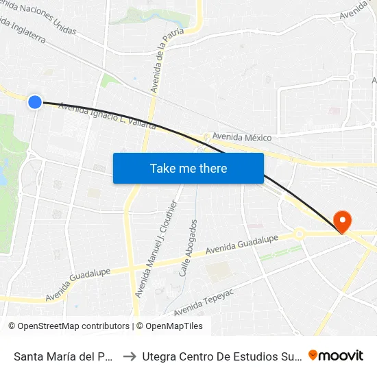 Santa María del Pueblito to Utegra Centro De Estudios Superiores map