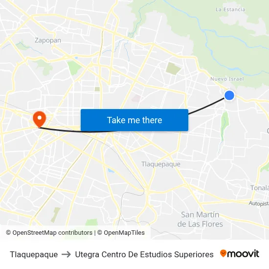 Tlaquepaque to Utegra Centro De Estudios Superiores map