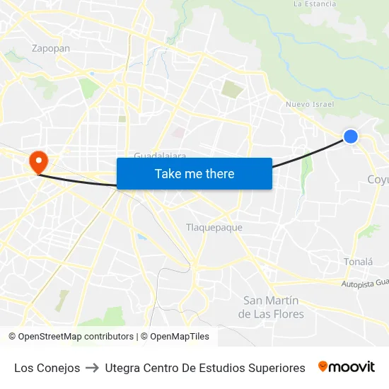 Los Conejos to Utegra Centro De Estudios Superiores map