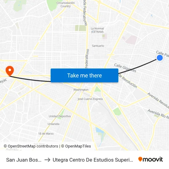 San Juan Bosco to Utegra Centro De Estudios Superiores map
