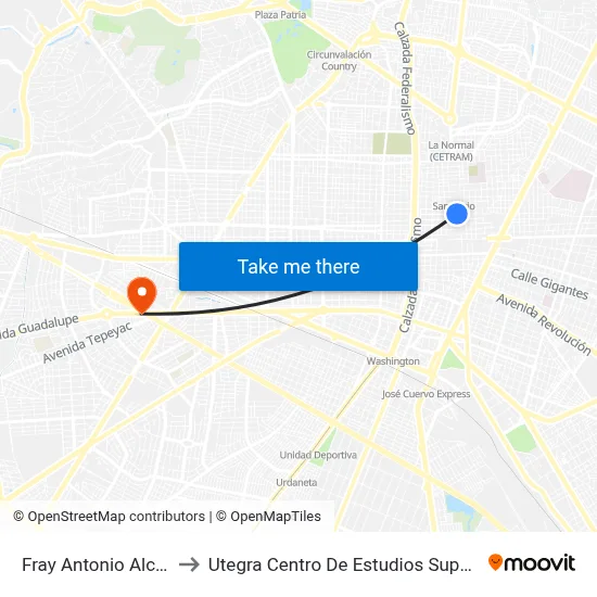 Fray Antonio Alcalde to Utegra Centro De Estudios Superiores map