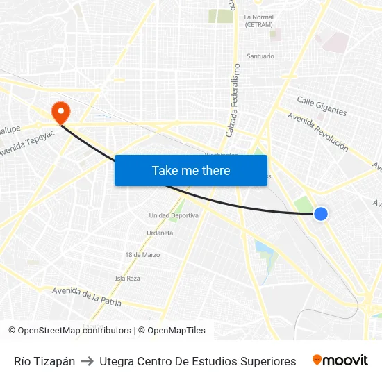 Río Tizapán to Utegra Centro De Estudios Superiores map