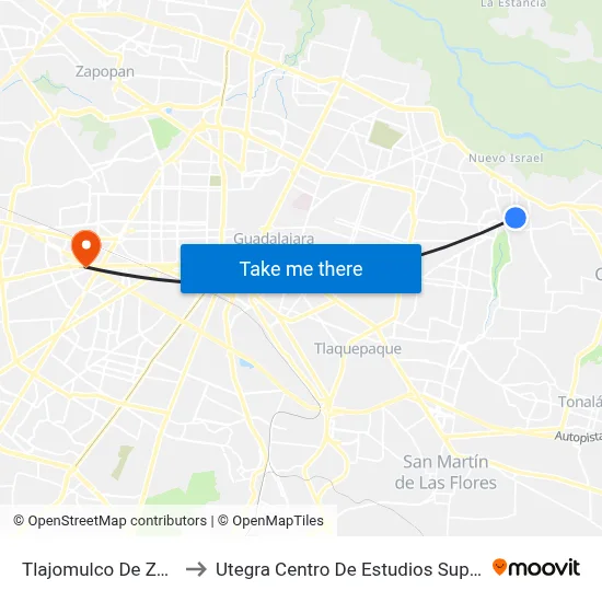 Tlajomulco De Zúñiga to Utegra Centro De Estudios Superiores map