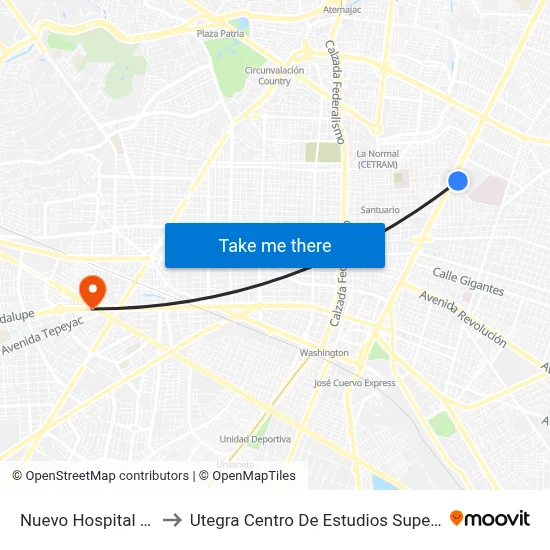 Nuevo Hospital Civil to Utegra Centro De Estudios Superiores map
