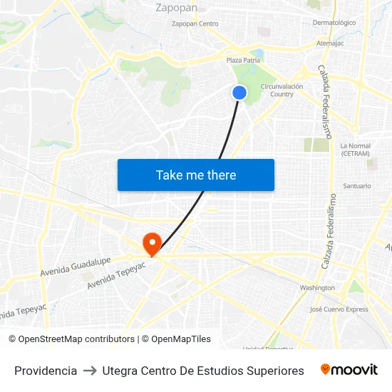 Providencia to Utegra Centro De Estudios Superiores map