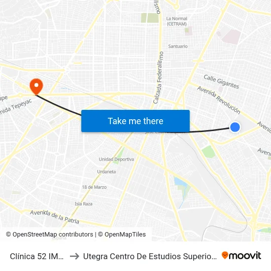 Clínica 52 IMSS to Utegra Centro De Estudios Superiores map