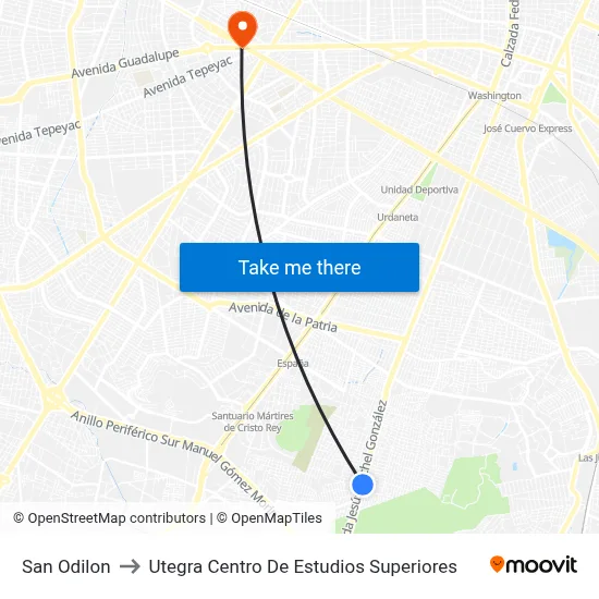 San Odilon to Utegra Centro De Estudios Superiores map