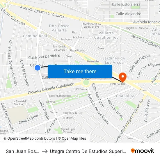 San Juan Bosco to Utegra Centro De Estudios Superiores map