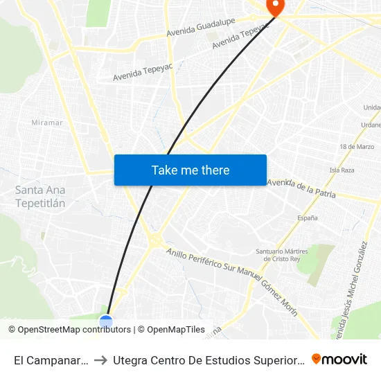 El Campanario to Utegra Centro De Estudios Superiores map