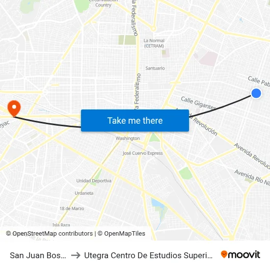 San Juan Bosco to Utegra Centro De Estudios Superiores map