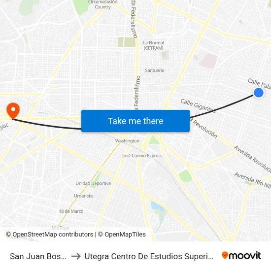 San Juan Bosco to Utegra Centro De Estudios Superiores map
