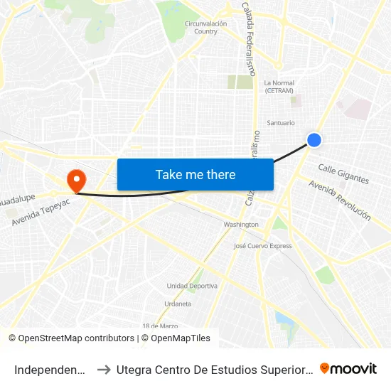 Independencia to Utegra Centro De Estudios Superiores map