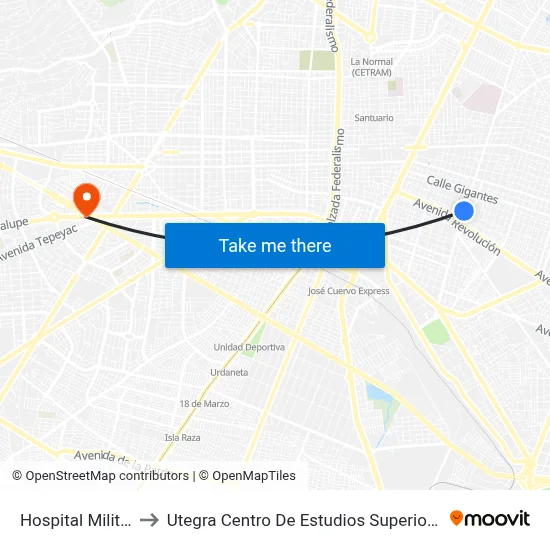 Hospital Militar to Utegra Centro De Estudios Superiores map