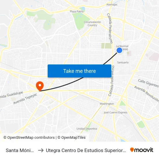 Santa Mónica to Utegra Centro De Estudios Superiores map