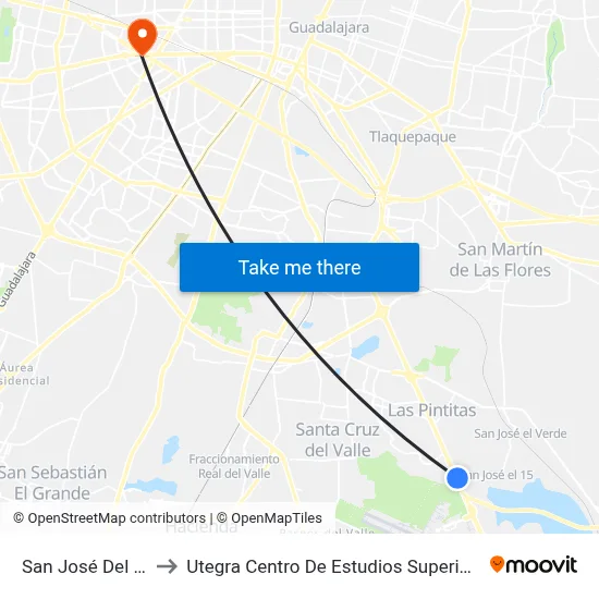 San José Del 15 to Utegra Centro De Estudios Superiores map