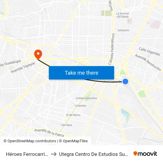 Héroes Ferrocarrileros to Utegra Centro De Estudios Superiores map