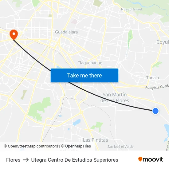 Flores to Utegra Centro De Estudios Superiores map