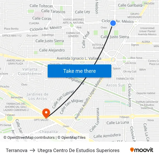 Terranova to Utegra Centro De Estudios Superiores map
