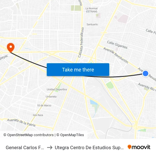 General Carlos Fuero to Utegra Centro De Estudios Superiores map