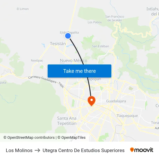 Los Molinos to Utegra Centro De Estudios Superiores map