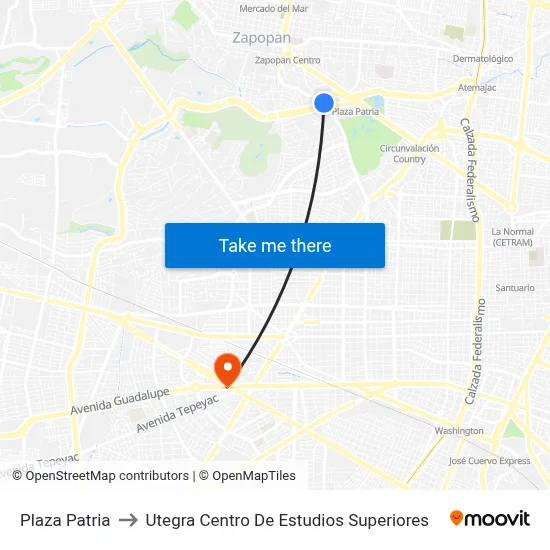 Plaza Patria to Utegra Centro De Estudios Superiores map
